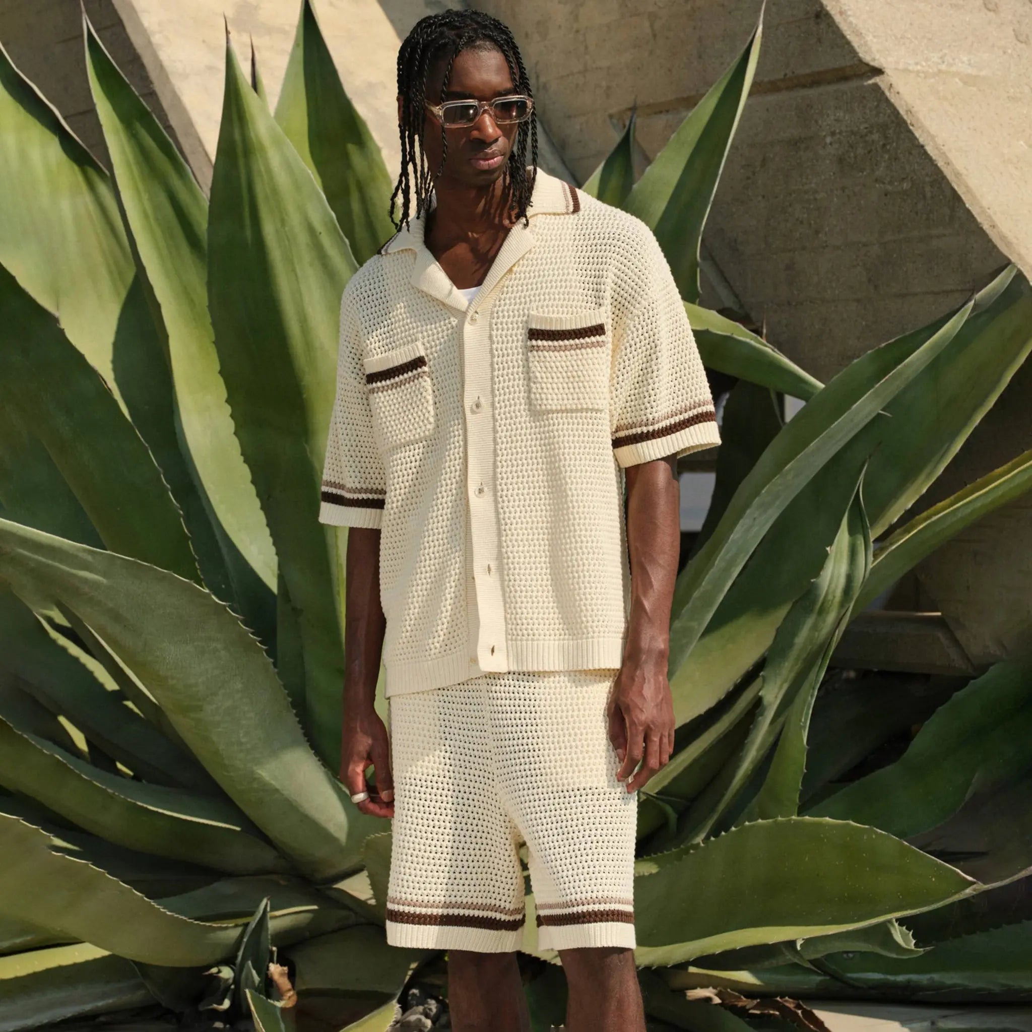 Front View of The Couture Club Crochet Knitted Stripe Through Botton Off White Shirt